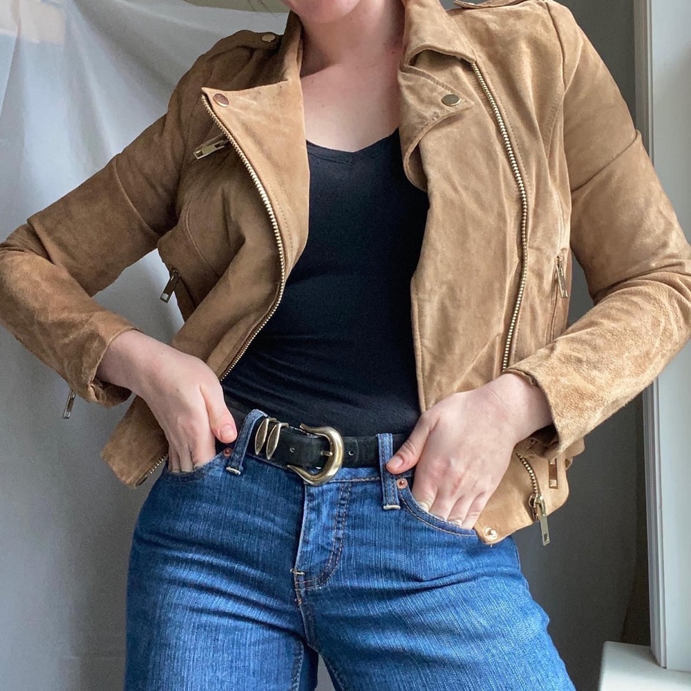 Camel Leather Moto Jacket - Size M